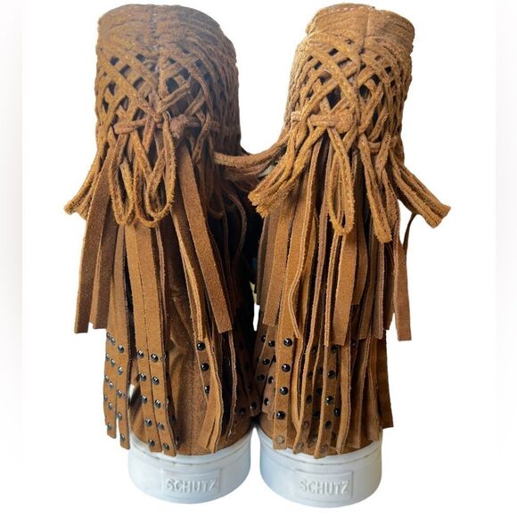 SCHUTZ Suede Leather Looped Studded Fringe Ankle Boots - Picture 9 of 10
